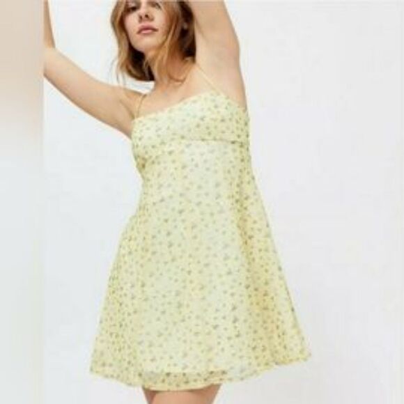 Urban Outfitters Yellow Floral Strappy Sundress Size Large Cottagecore Mini - Picture 2 of 16